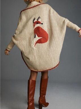 Anthropologie Cream Knit Poncho with Red Fox Appliqué